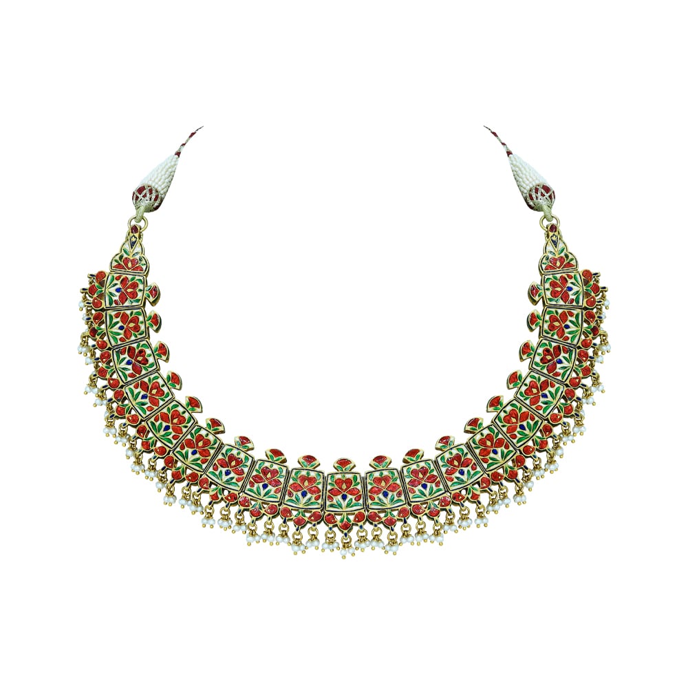 Red Enamel Polki Necklace with Floral Motifs and Cheed Pearls
